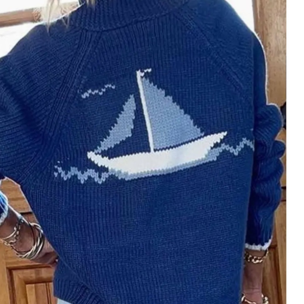 2 Left! Boho Blue Sailboat Knit Sweater